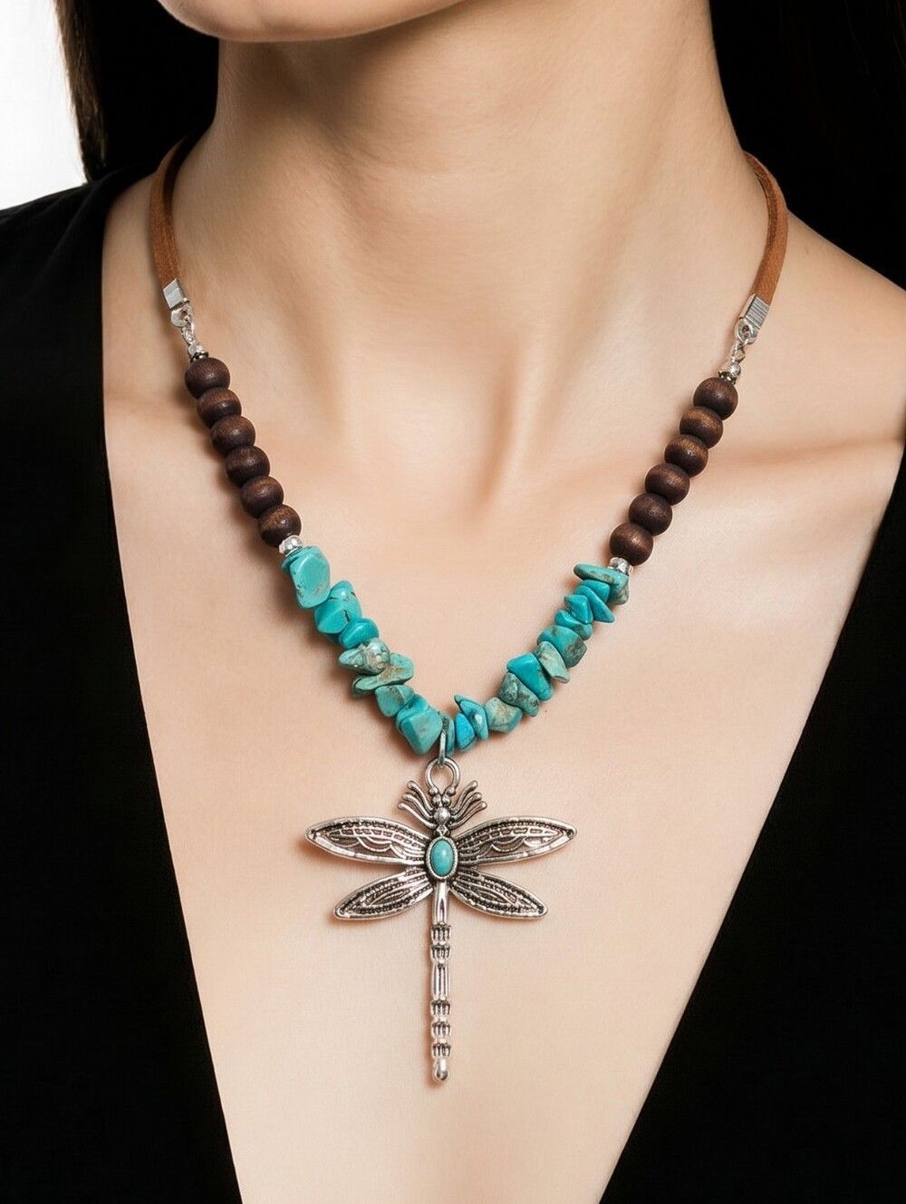 Turquoise Dragonfly Pendant Necklace Boho Nature Adjustable Cord Artisan Jewelry